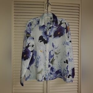 Ladies On Queen Linen Floral Button-Up Shirt Size S/P